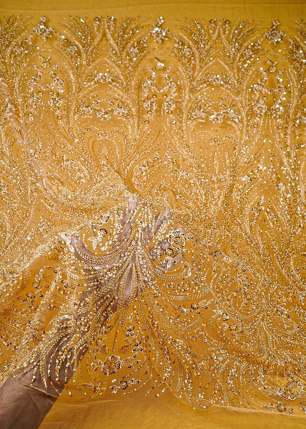 Golden Imported Net Fabric With All Over Thread, Sequins, Katdana And Bead Work 25518