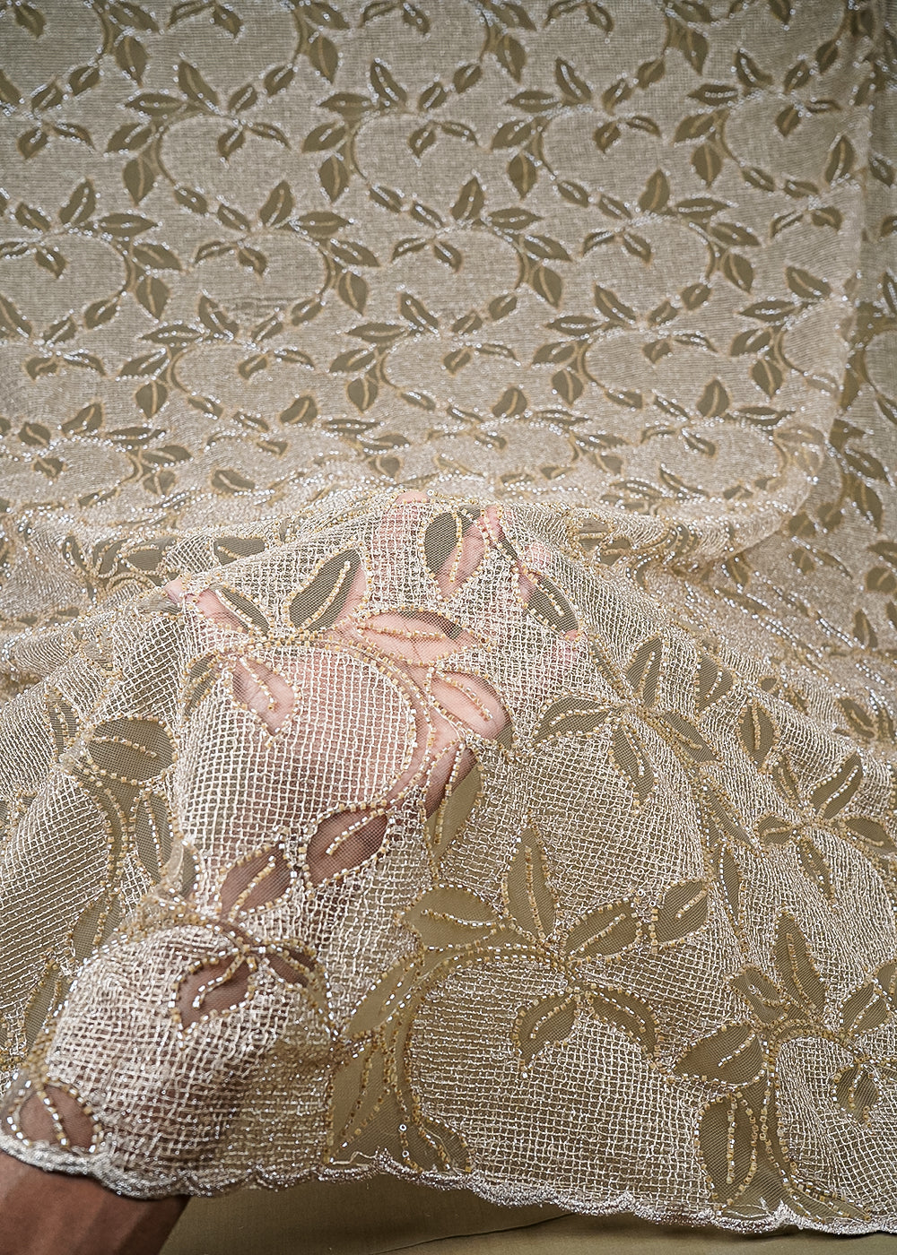 Olive Imported Net Fabric With All Over Zari And Katdana Work 25522