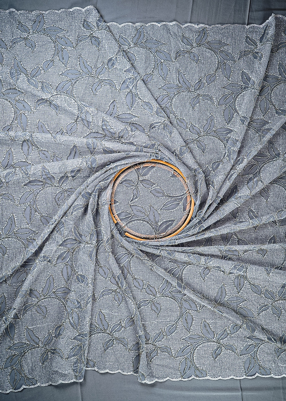 Grey Imported Net Fabric With All Over Zari And Katdana Work 25523