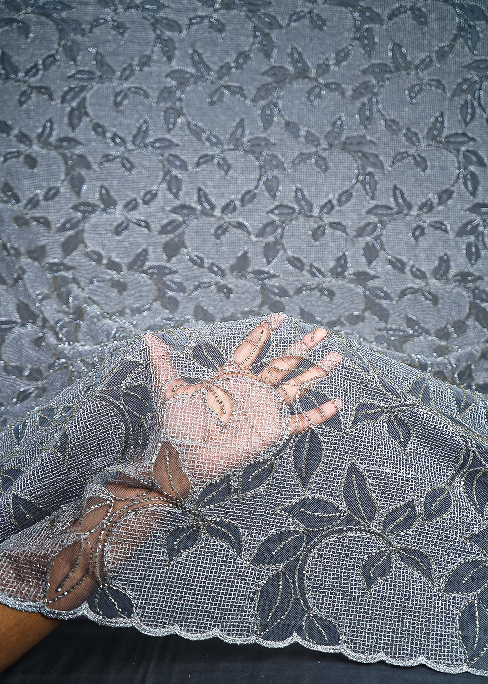Grey Imported Net Fabric With All Over Zari And Katdana Work 25523