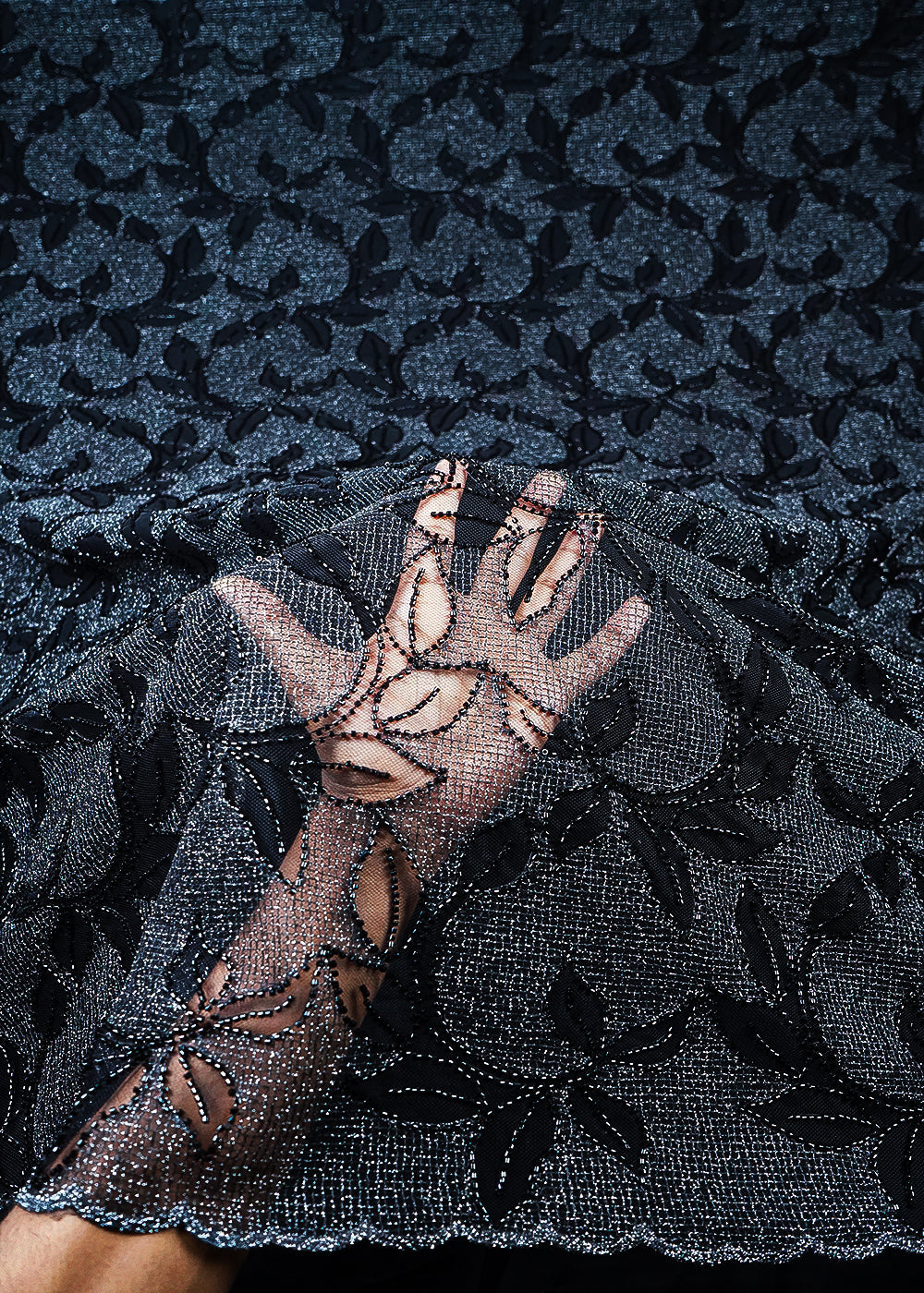Black Imported Net Fabric With All Over Zari And Katdana Work 25524