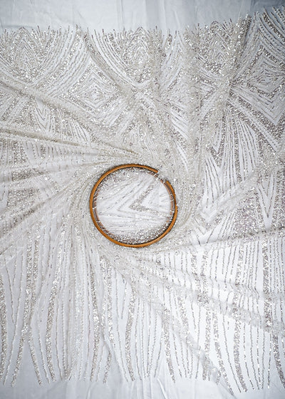 White Imported Net Fabric With All Over Sequins, Katdana And Bead Work With One Side Border 25533