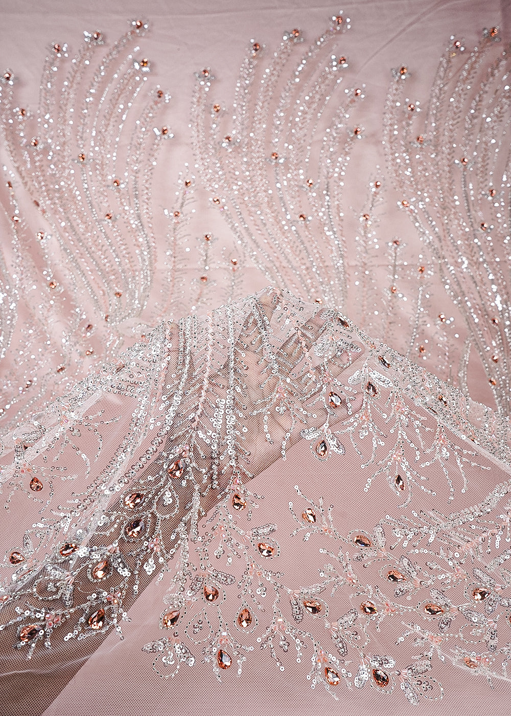 Peach Imported Net Fabric With All Over Sequins, Katdana And Stone Work With One Side Border 25536