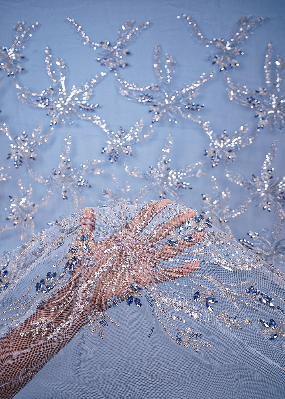 Sky Blue Imported Net Fabric With All Over Sequins, Katdana And Stone Work 25539