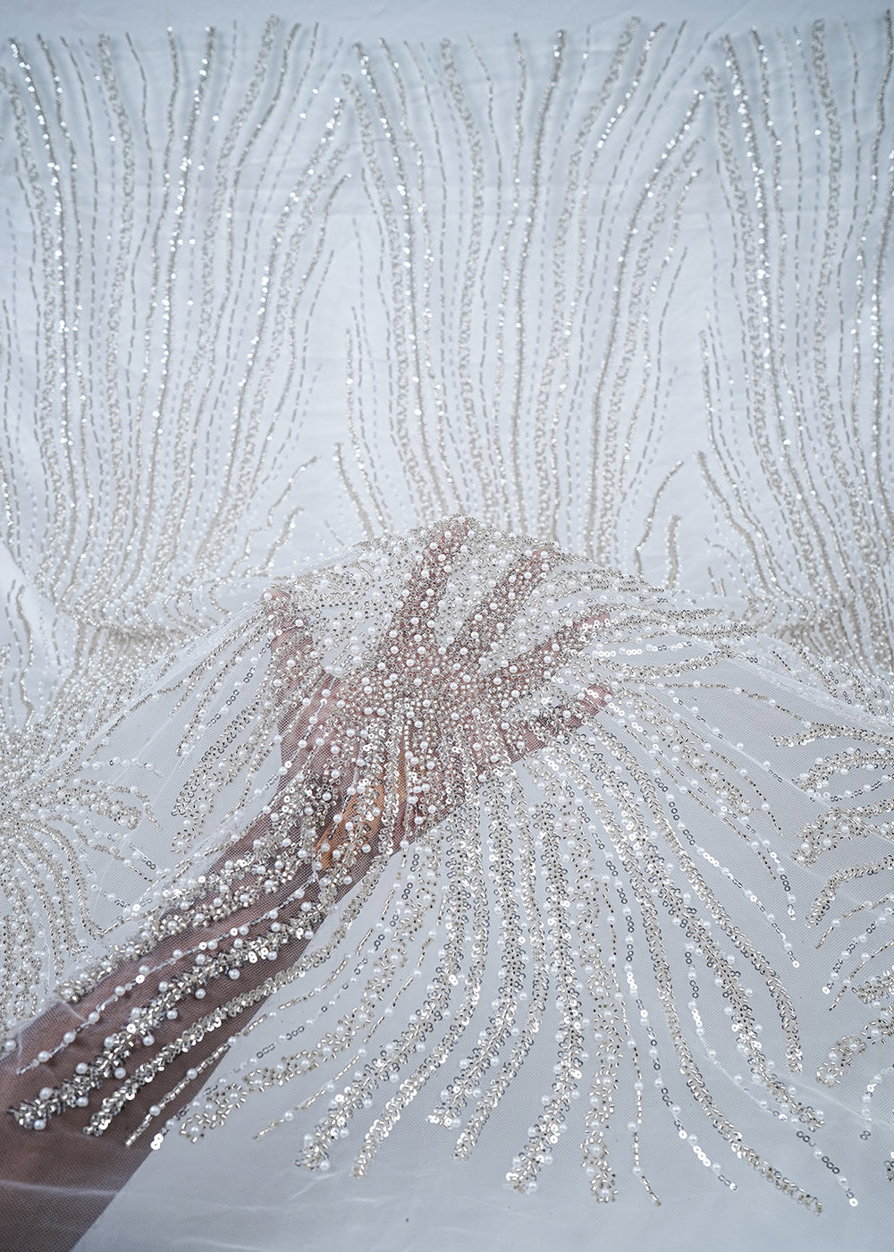White Imported Net Fabric With All Over Sequins, Katdana And Bead Work With Border 25543