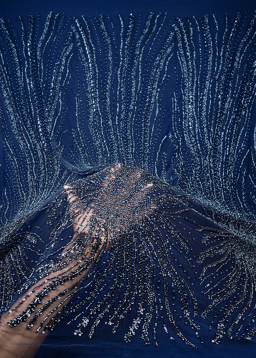Navy Blue Imported Net Fabric With All Over Sequins, Katdana And Bead Work With Border 25544