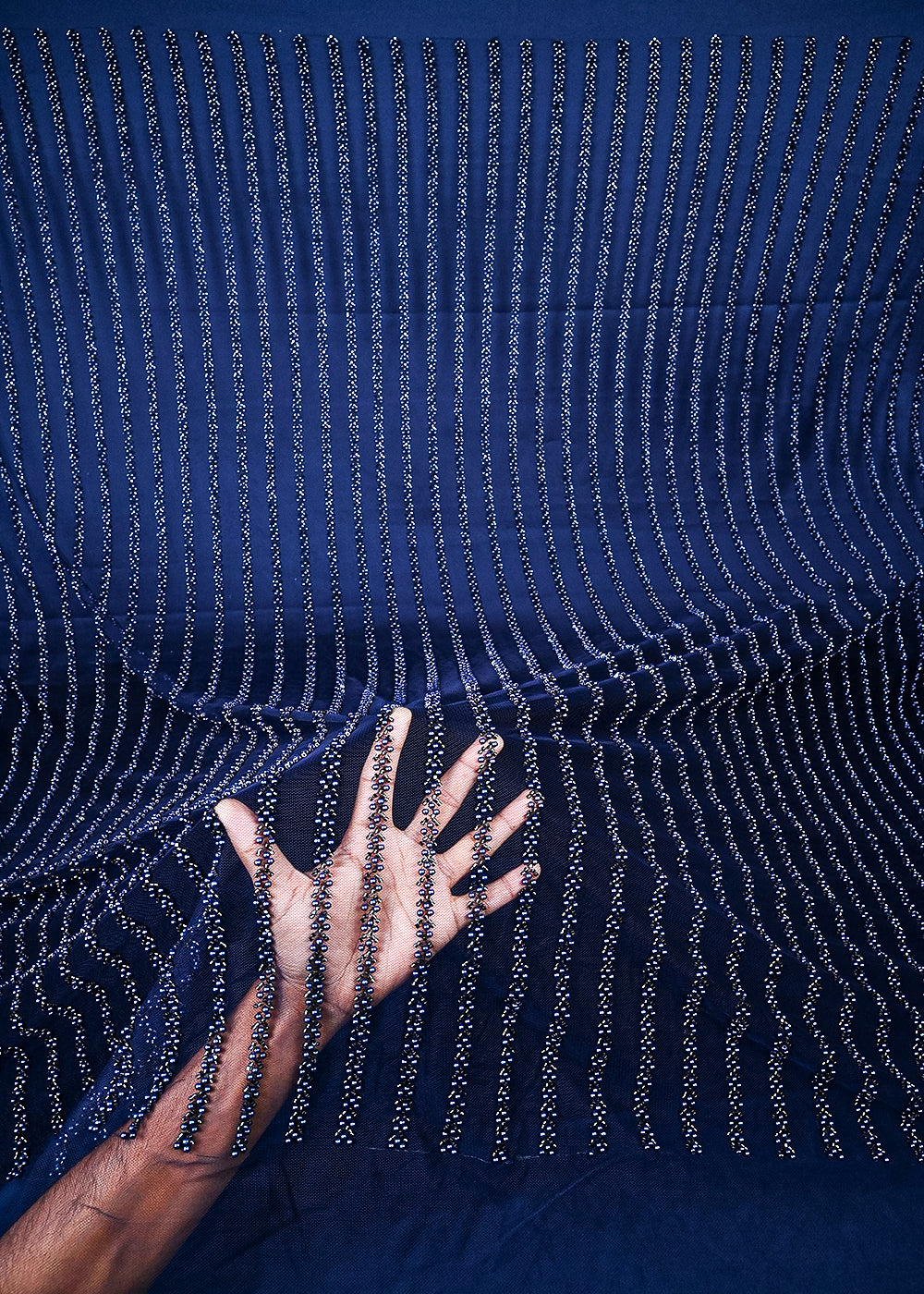 Navy Blue Imported Net Fabric With All Over Bead And Katdana Work 25547