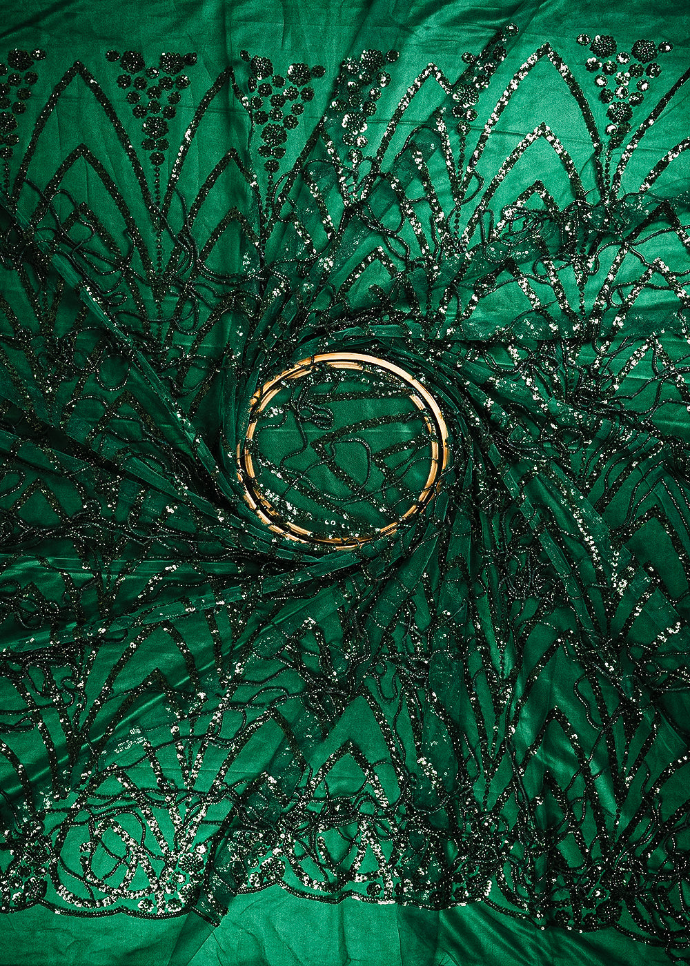 Bottle Green Imported Net Fabric With All Over Sequins And Katdana Work With Border 25550