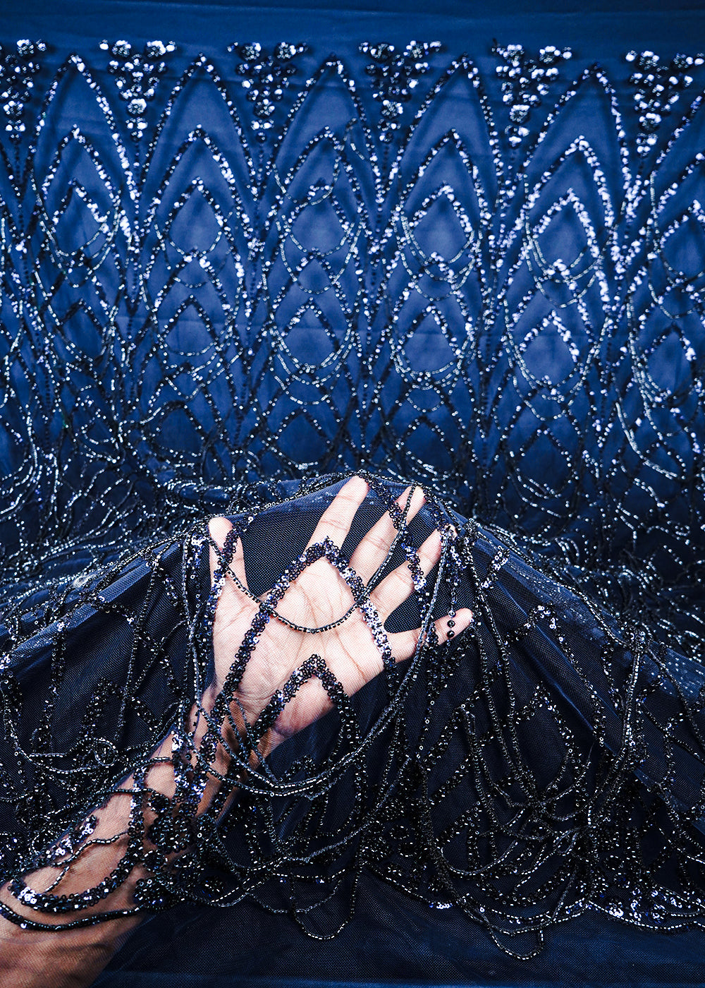 Navy Blue Imported Net Fabric With All Over Sequins And Katdana Work With Border 25551