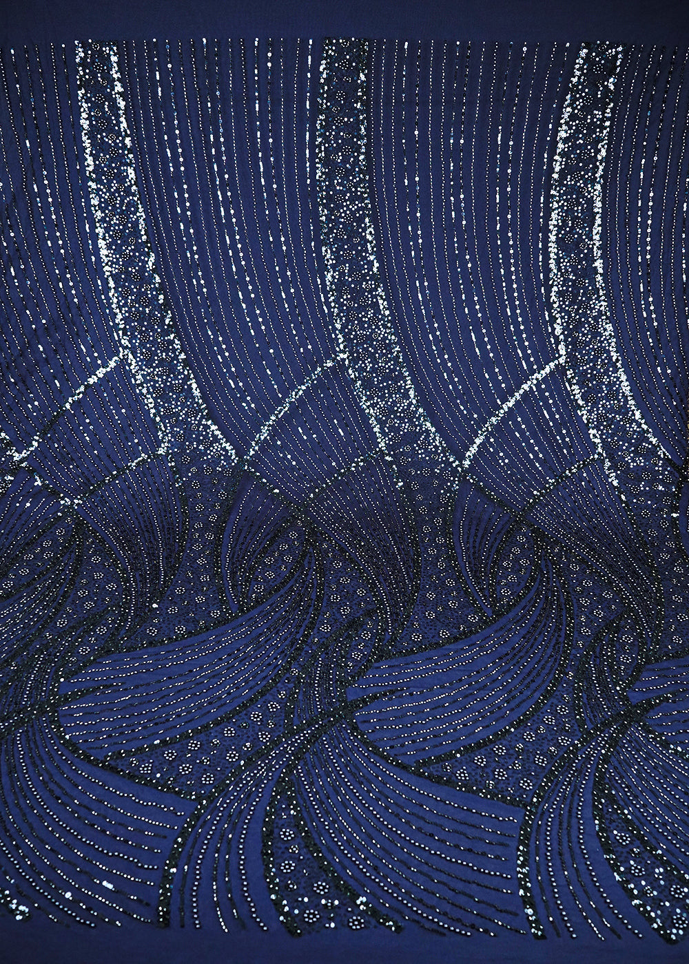Navy Blue Imported Net Fabric With All Over Sequins, Katdana And Bead Work With One Side Border 25567
