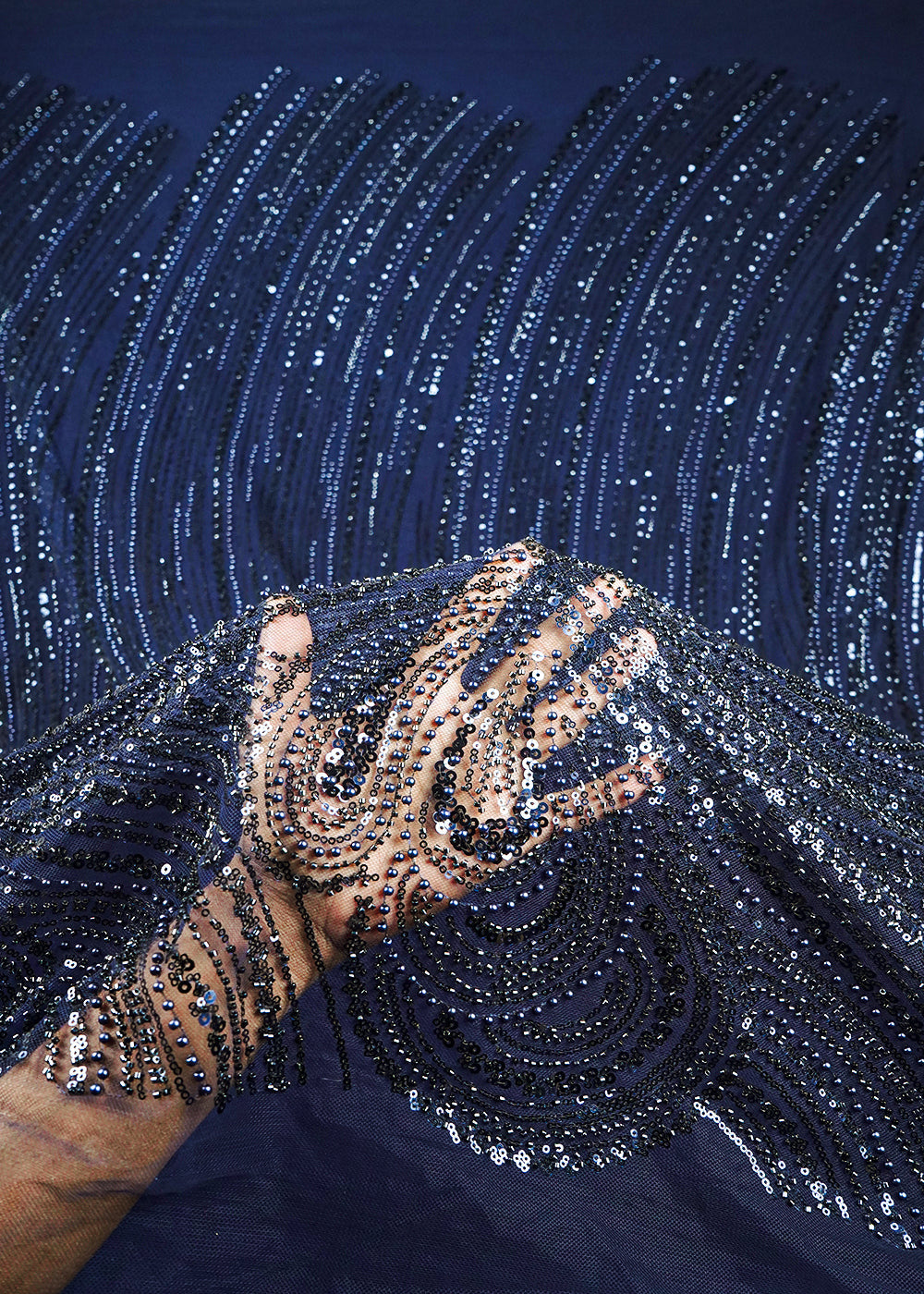 Navy Blue Imported Net Fabric With All Over Sequins, Katdana And Bead Work With One Side Border 25568