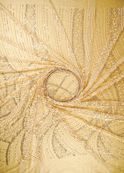 Golden Imported Net Fabric With All Over Sequins, Katdana And Bead Work With One Side Border 25570