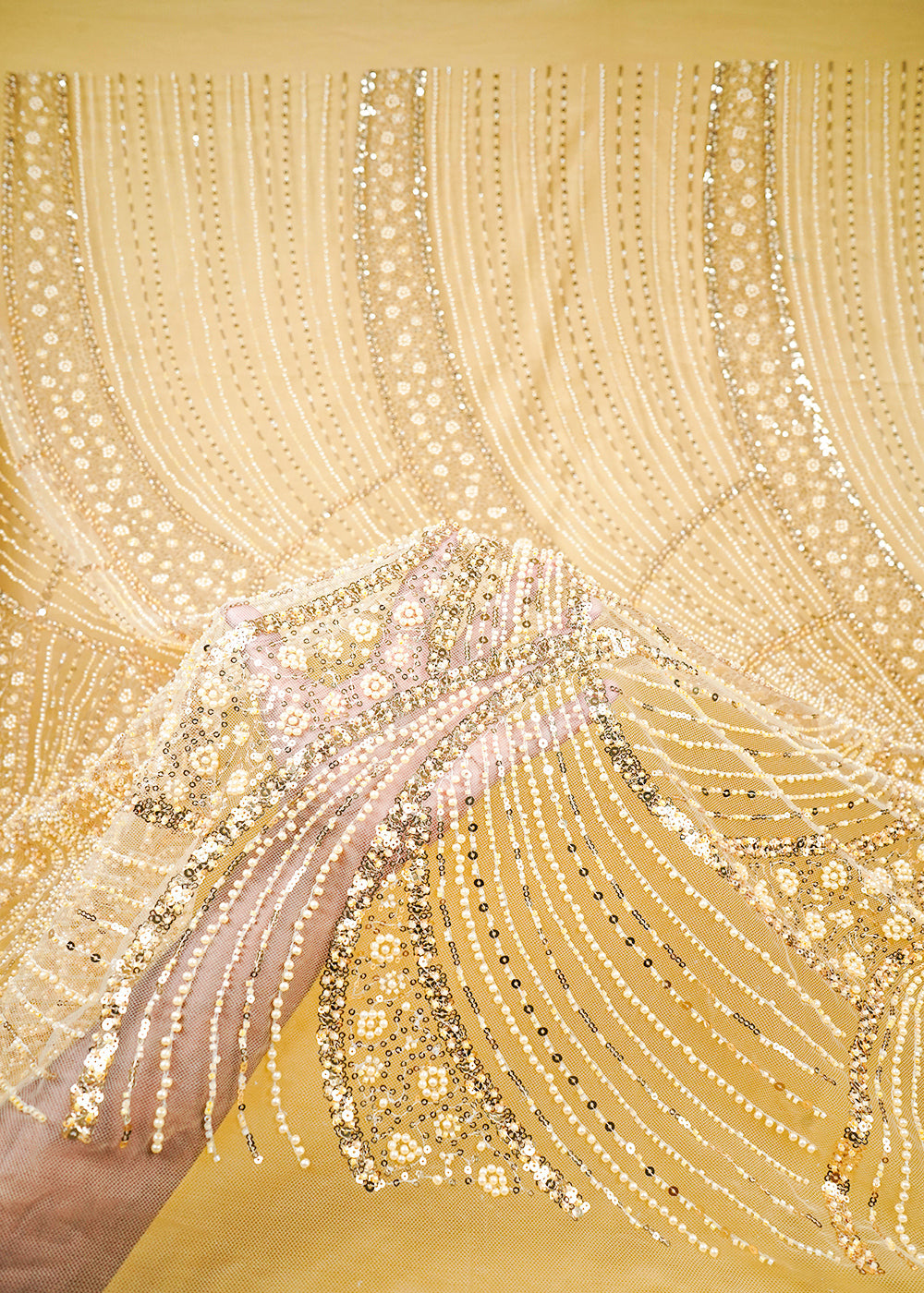Golden Imported Net Fabric With All Over Sequins, Katdana And Bead Work With One Side Border 25570