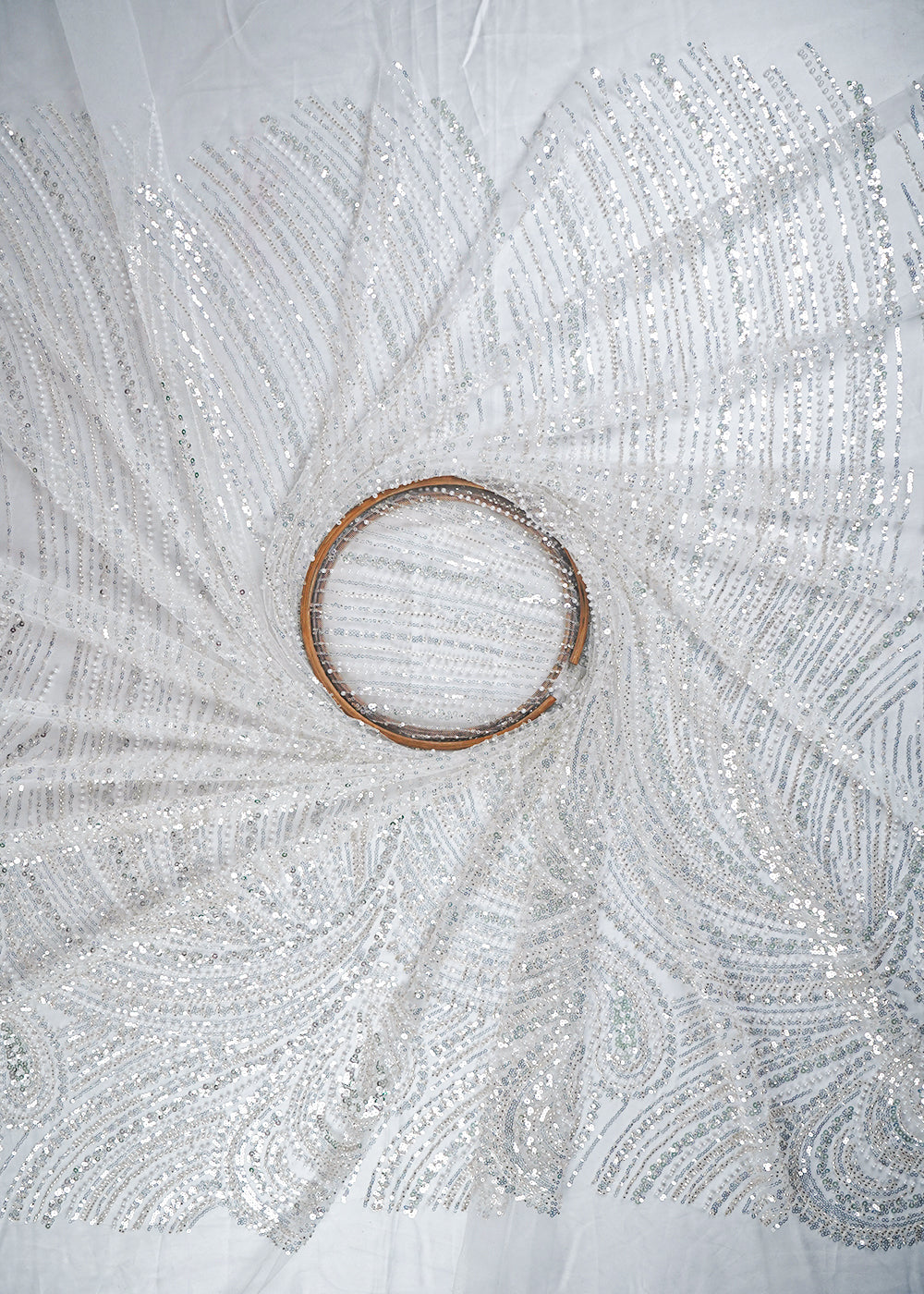 White Imported Net Fabric With All Over Sequins, Katdana And Bead Work With One Side Border 25572