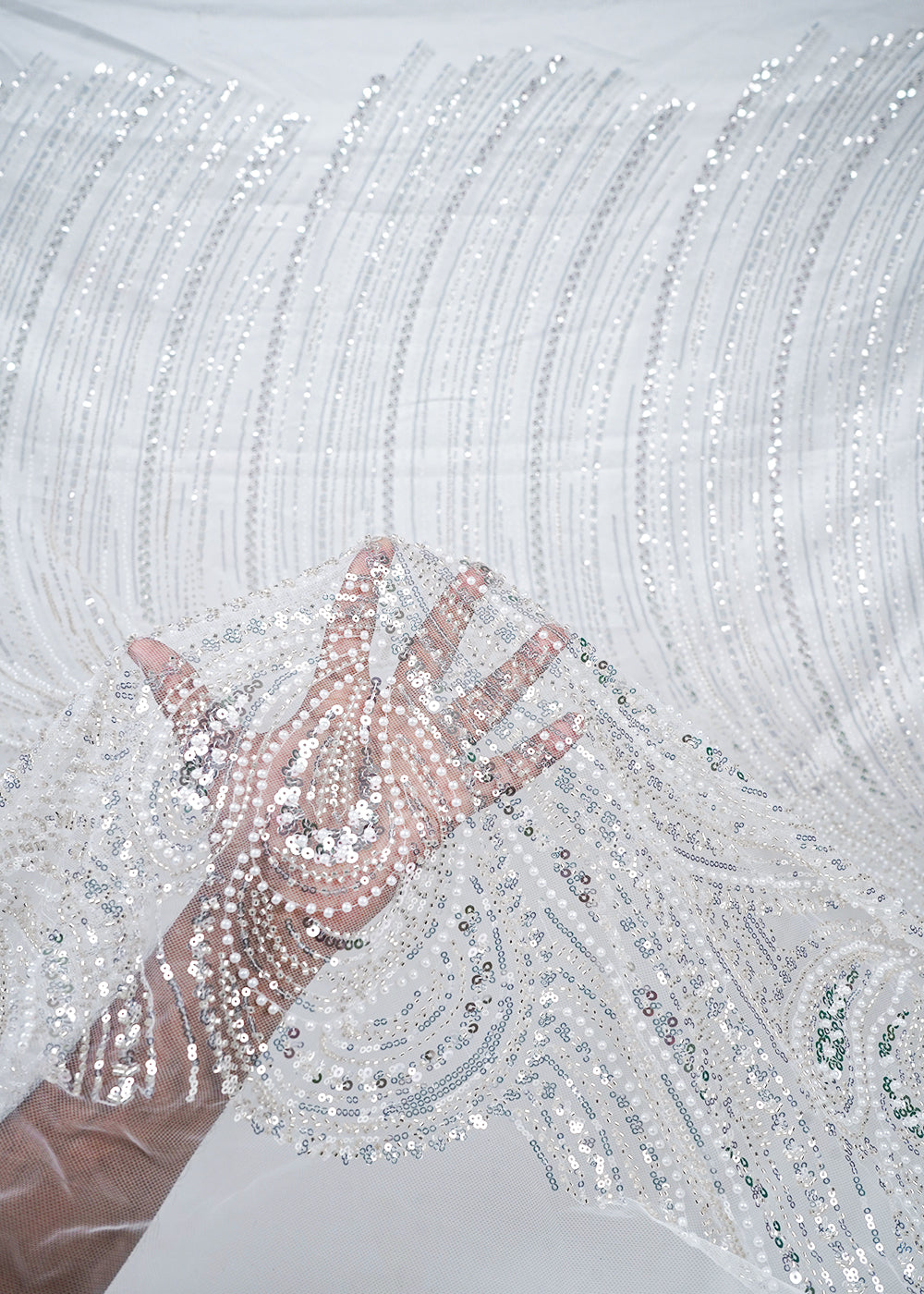 White Imported Net Fabric With All Over Sequins, Katdana And Bead Work With One Side Border 25572