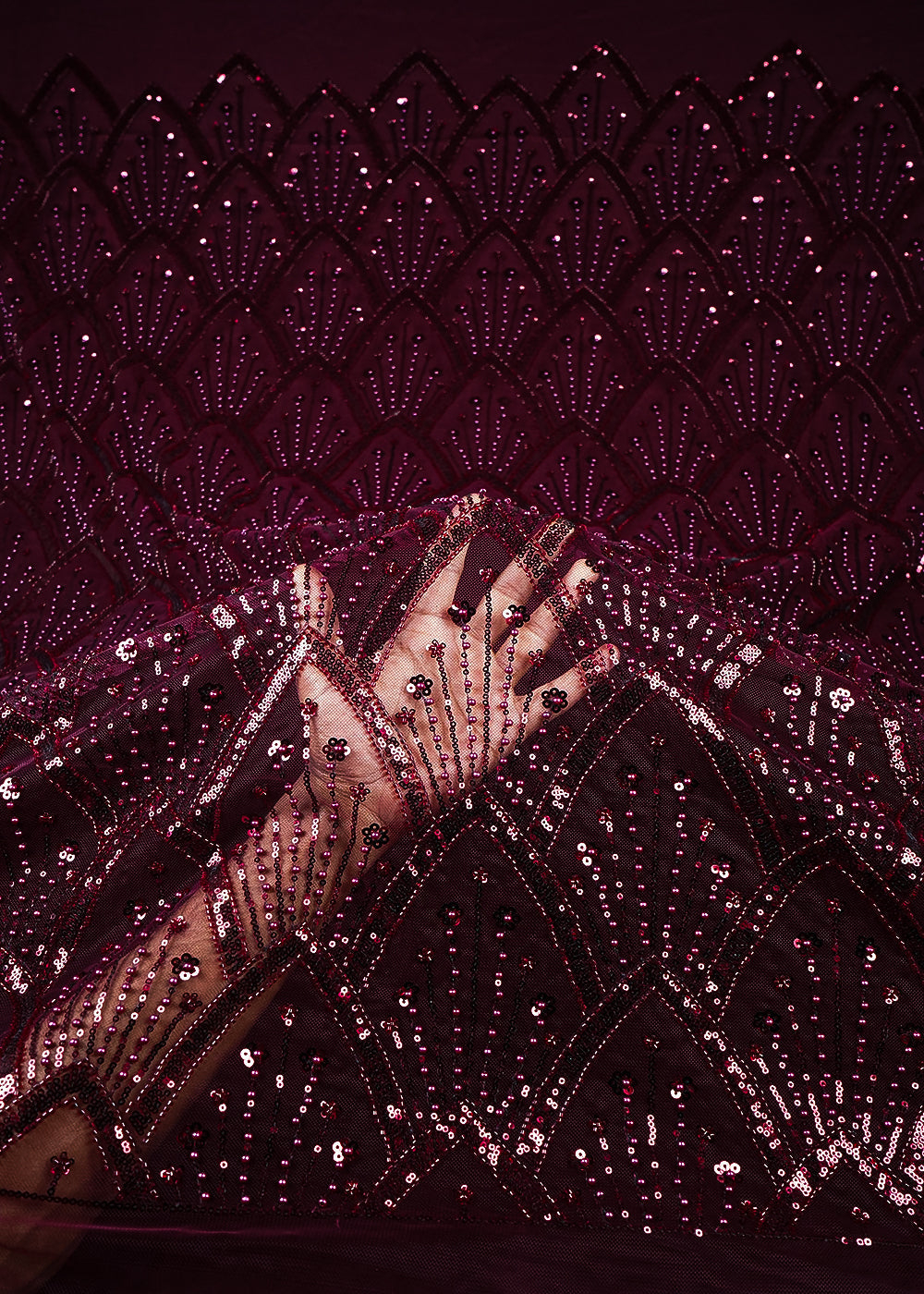 Maroon Imported Net Fabric With All Over Sequins, Katdana And Bead Work With One Side Border 25573