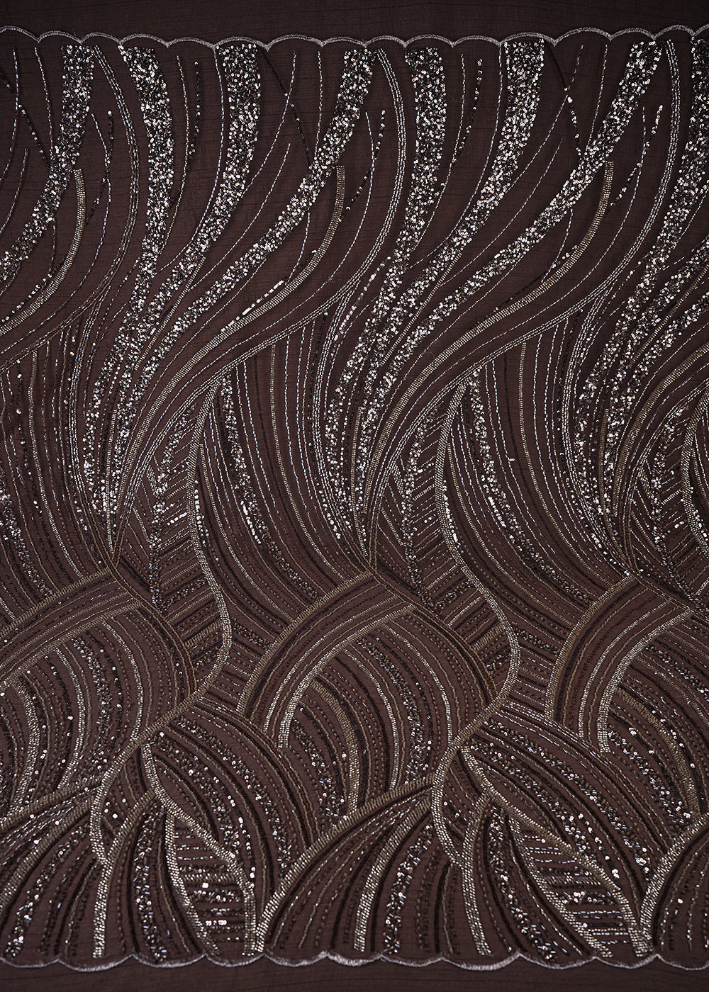 Brown Imported Net Fabric With All Over Sequins And Katdana Work With One Side Border 25575