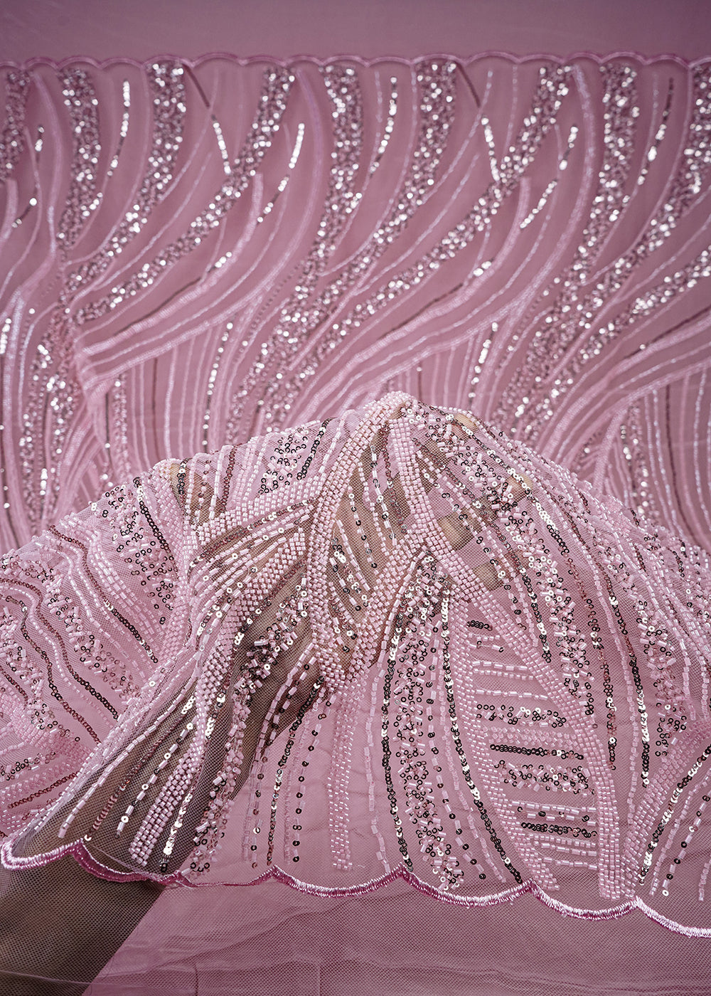 Pink Imported Net Fabric With All Over Sequins And Katdana Work With One Side Border 25576