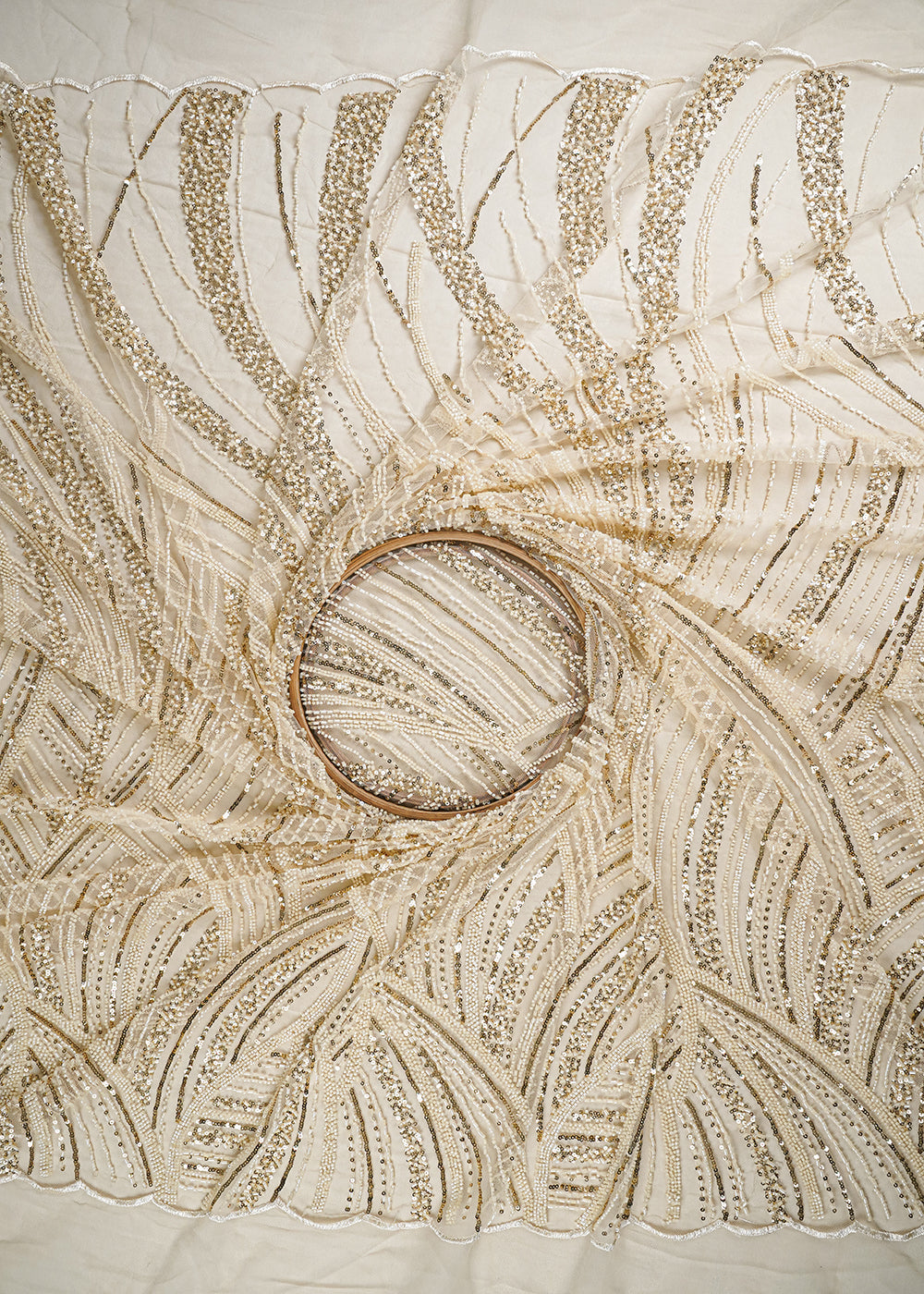Cream Imported Net Fabric With All Over Sequins And Katdana Work With One Side Border 25577