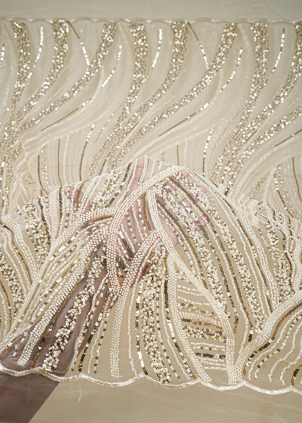 Cream Imported Net Fabric With All Over Sequins And Katdana Work With One Side Border 25577