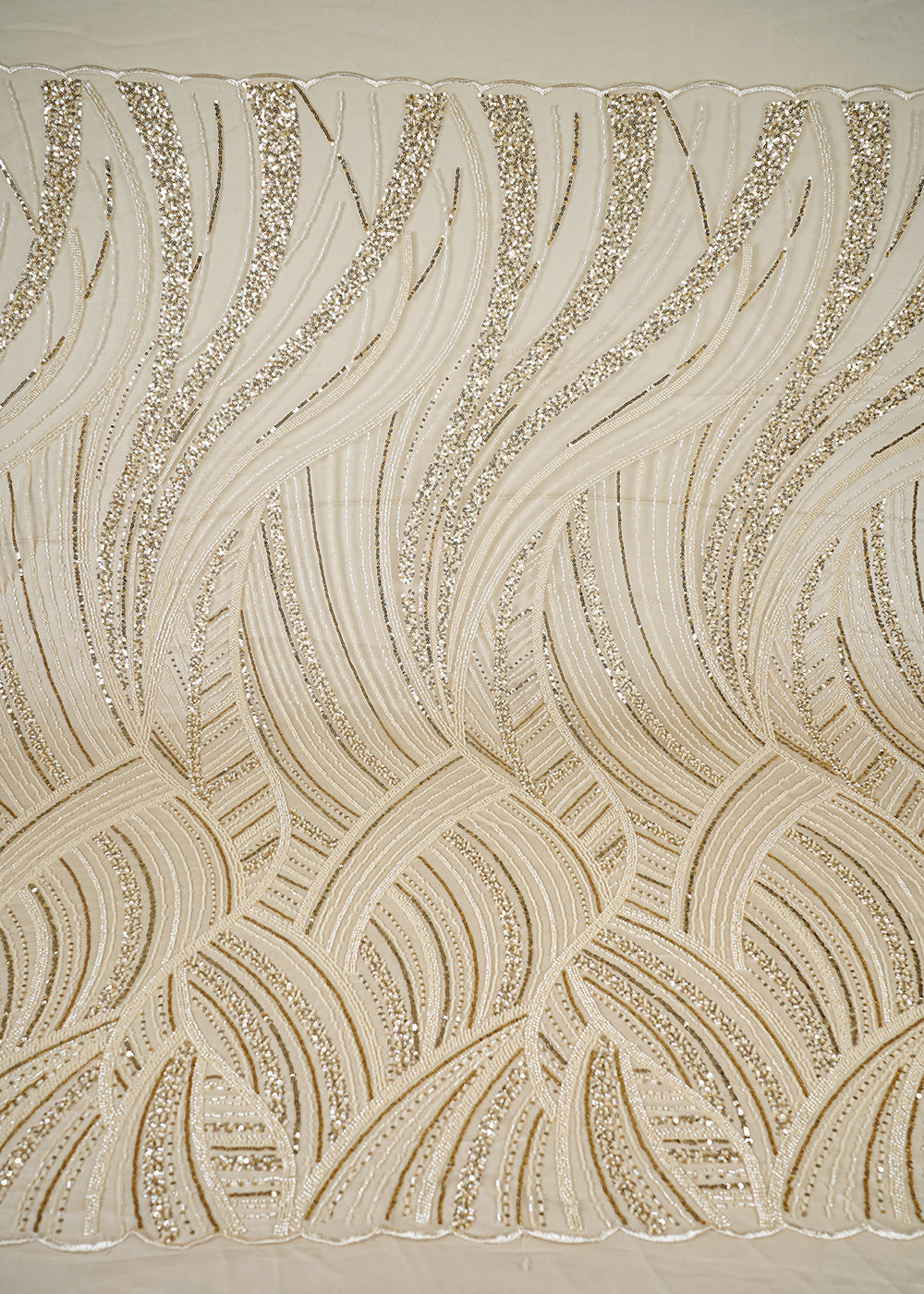Cream Imported Net Fabric With All Over Sequins And Katdana Work With One Side Border 25577