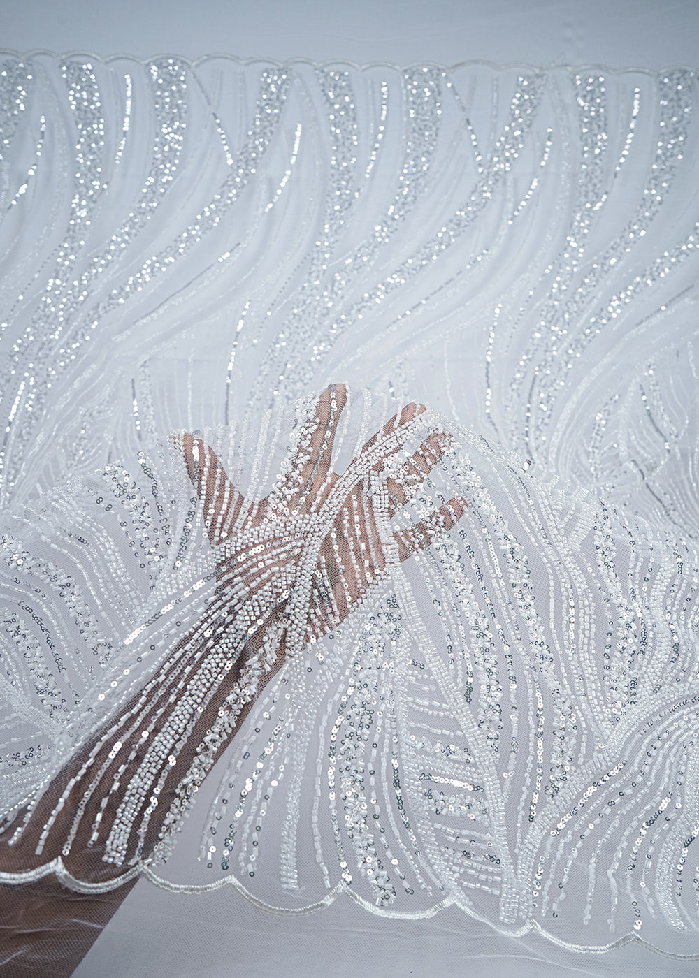 White Imported Net Fabric With All Over Sequins And Katdana Work With One Side Border 25578