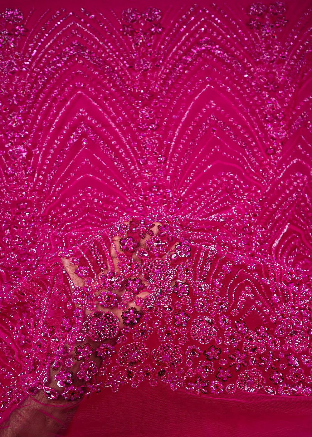 Magenta Imported Net Fabric With All Over Sequins, Katdana And Stone Work With Border 25583