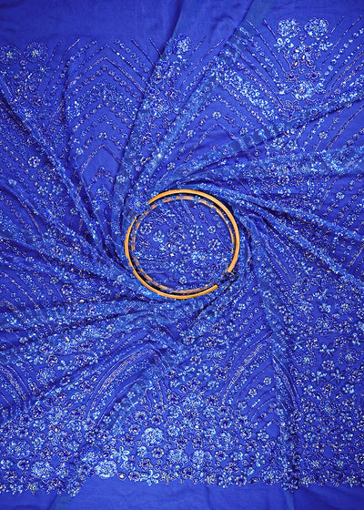 Royal Blue Imported Net Fabric With All Over Sequins, Katdana And Stone Work With Border 25584