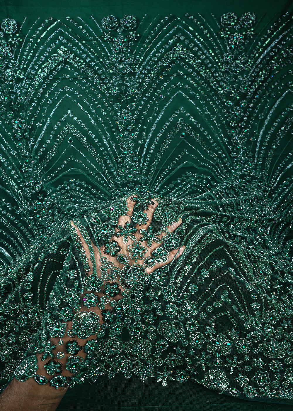 Bottle Green Imported Net Fabric With All Over Sequins, Katdana And Stone Work With Border 25586