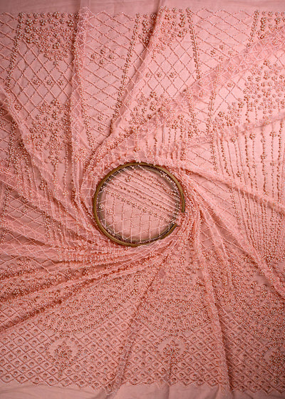 Peach Imported Net Fabric With All Over Katdana And Bead Work With One Side Border 25588