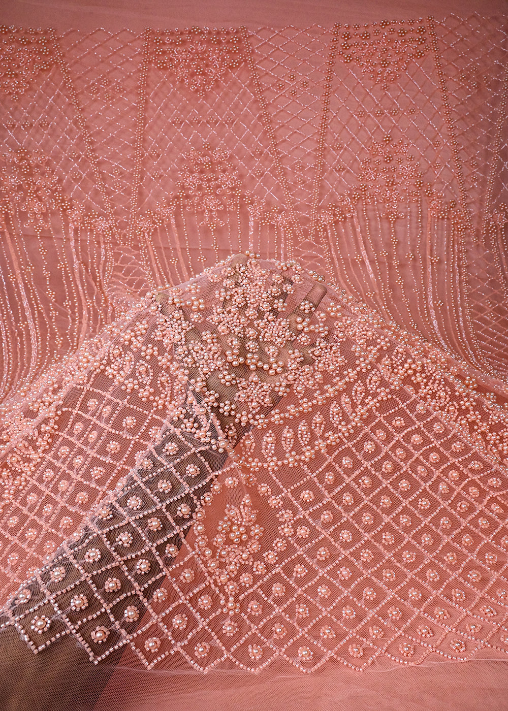 Peach Imported Net Fabric With All Over Katdana And Bead Work With One Side Border 25588
