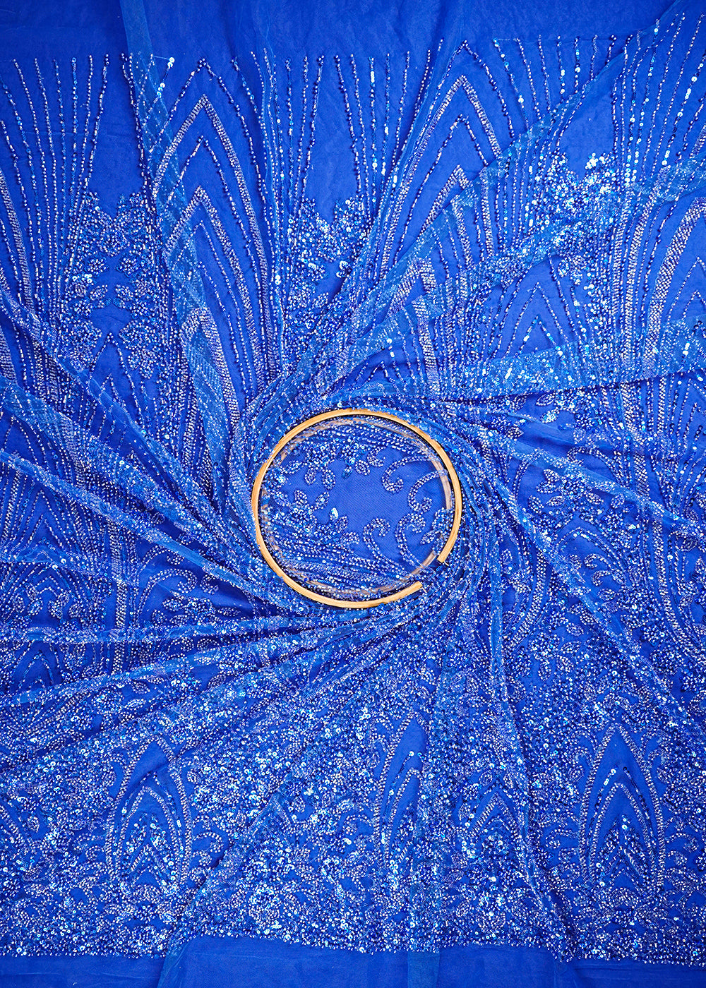 Royal Blue Imported Net Fabric With All Over Sequins, Katdana And Bead Work With One Side Border 25590