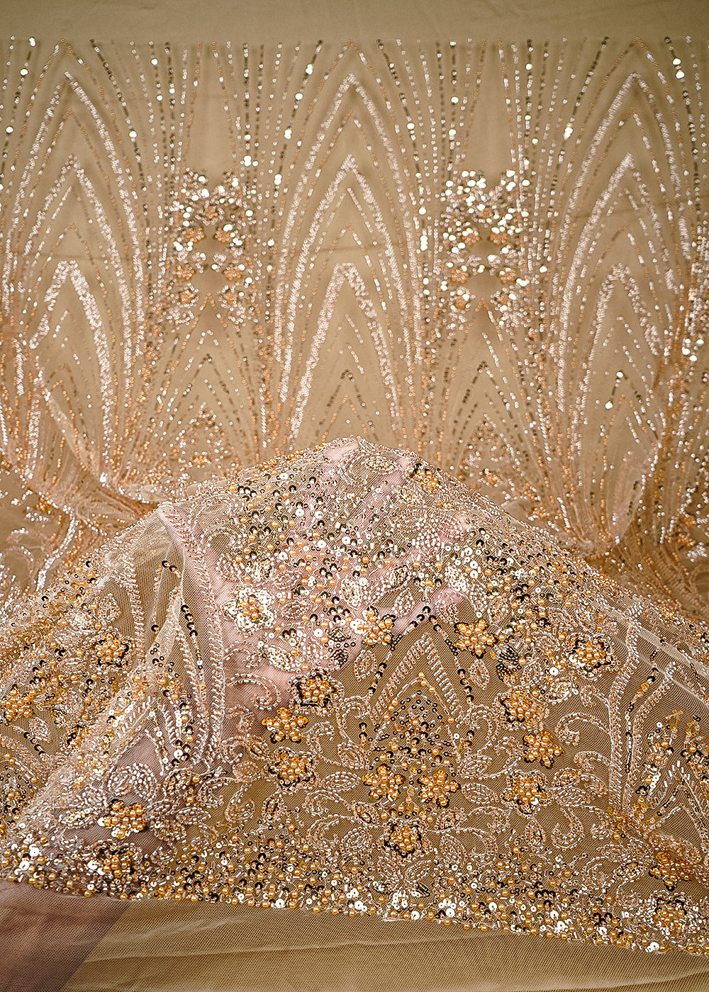 Golden Imported Net Fabric With All Over Sequins, Katdana And Bead Work With One Side Border 25591
