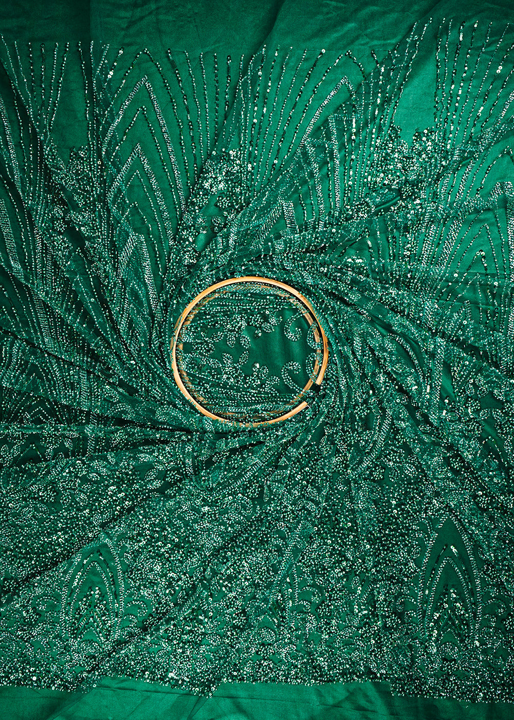 Bottle Green Imported Net Fabric With All Over Sequins, Katdana And Bead Work With One Side Border 25592