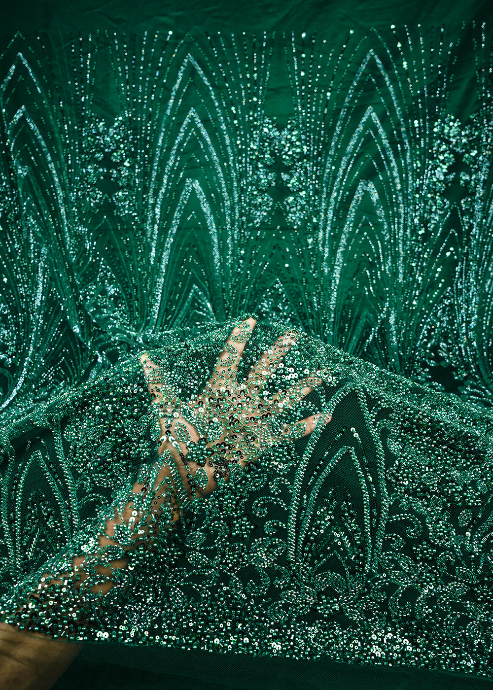Bottle Green Imported Net Fabric With All Over Sequins, Katdana And Bead Work With One Side Border 25592
