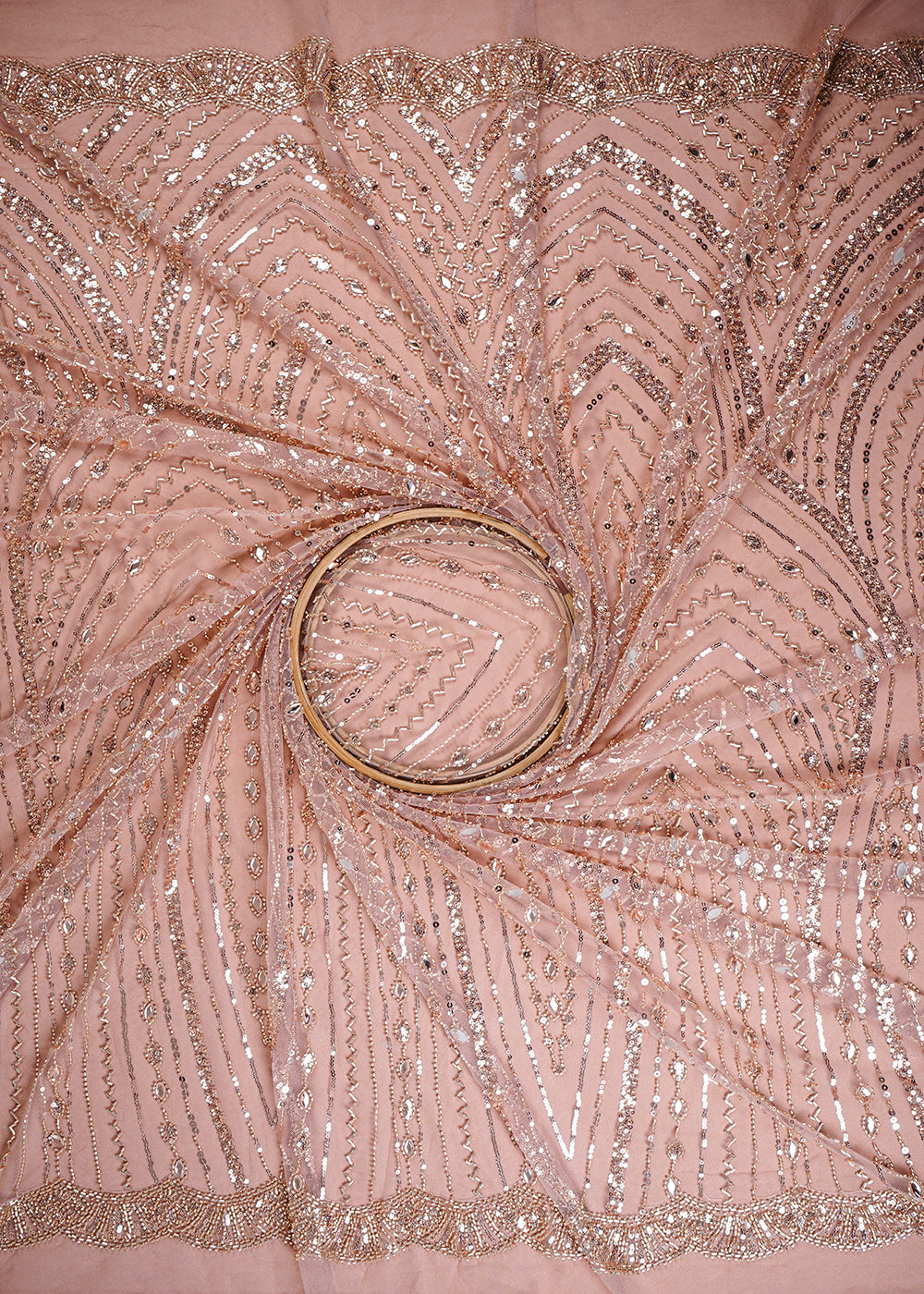 Rose Gold Imported Net Fabric With All Over Sequins, Katdana And Stone Work 25593