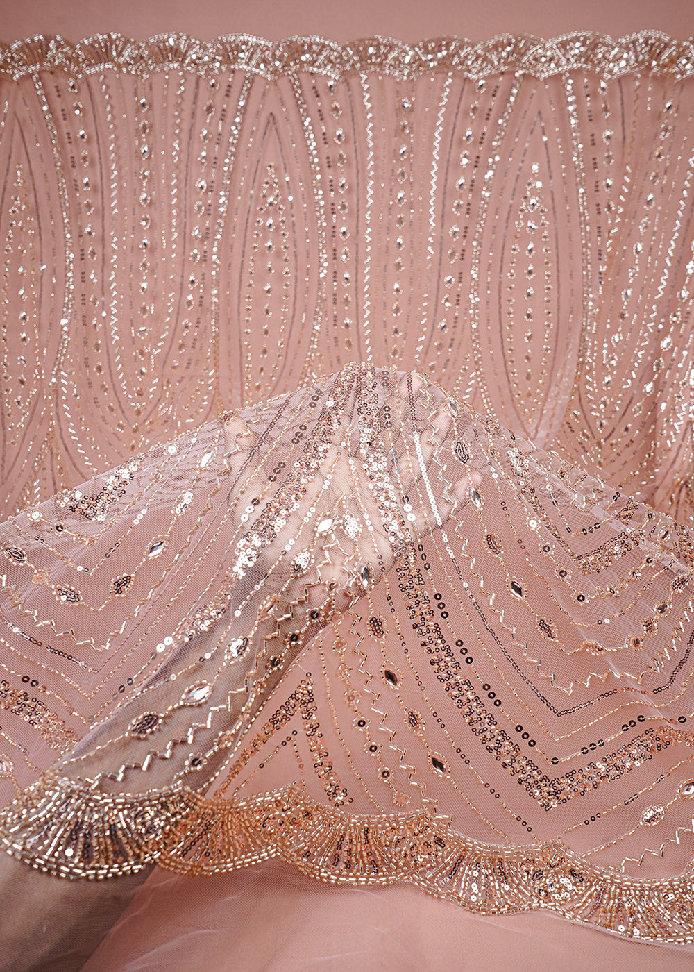 Rose Gold Imported Net Fabric With All Over Sequins, Katdana And Stone Work 25593