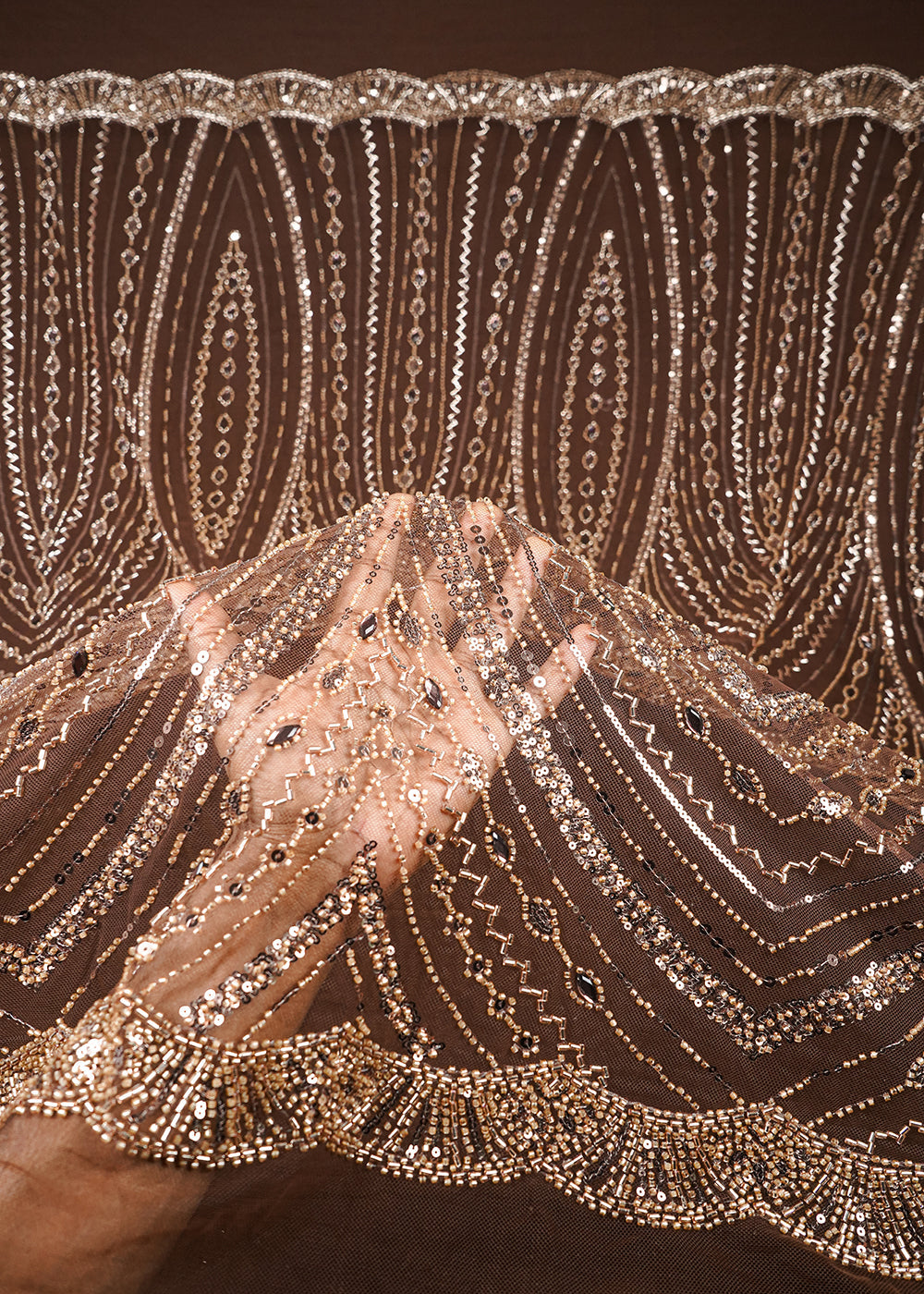 Brown Imported Net Fabric With All Over Sequins, Katdana And Stone Work 25594