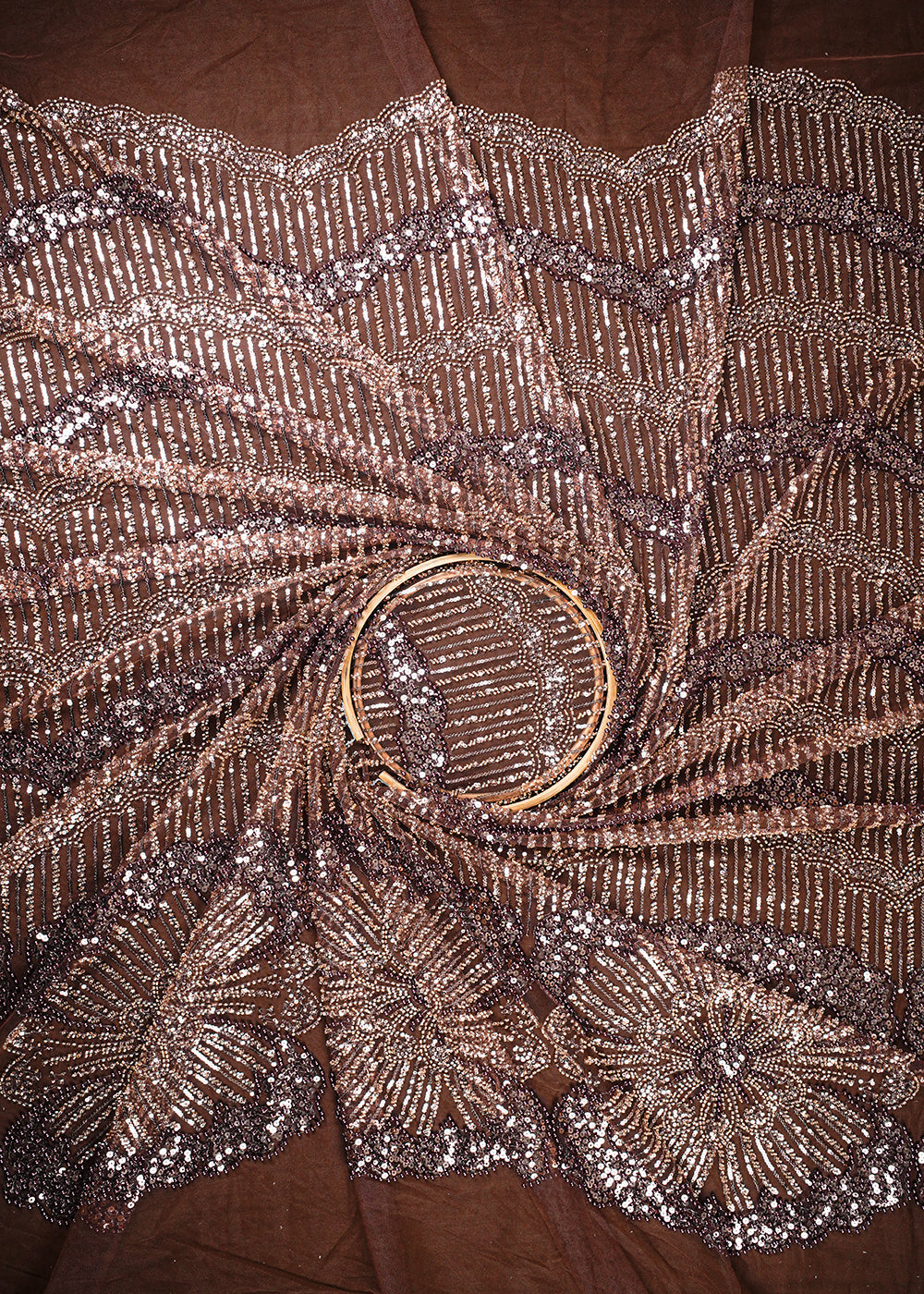 Brown Imported Net Fabric With All Over Sequins, Katdana And Bead Work 25596