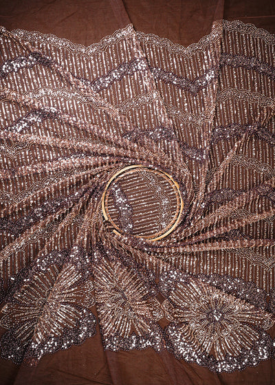 Brown Imported Net Fabric With All Over Sequins, Katdana And Bead Work 25596