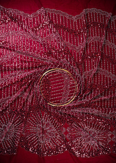 Maroon Imported Net Fabric With All Over Sequins, Katdana And Bead Work 25597