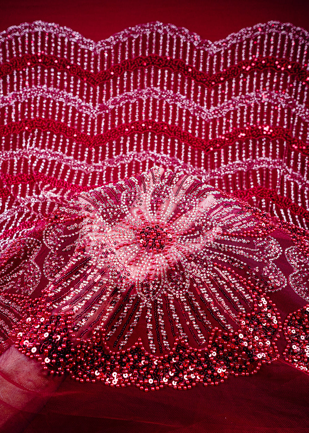 Maroon Imported Net Fabric With All Over Sequins, Katdana And Bead Work 25597