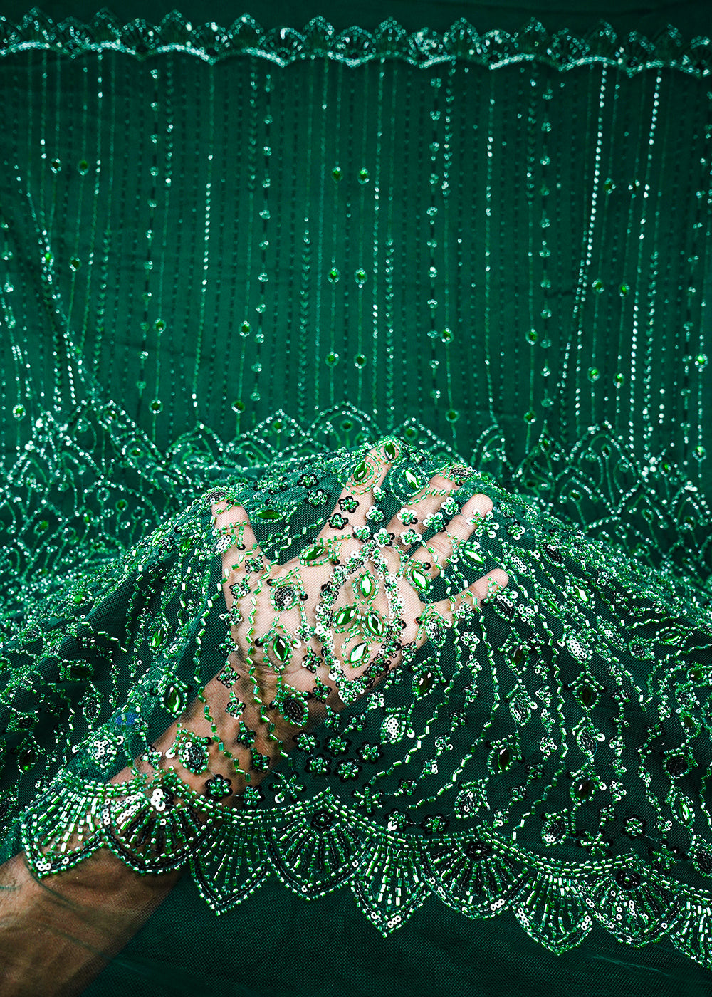 Bottle Green Imported Net Fabric With All Over Sequins, Katdana And Stone Work With One Side Heavy Border 25599