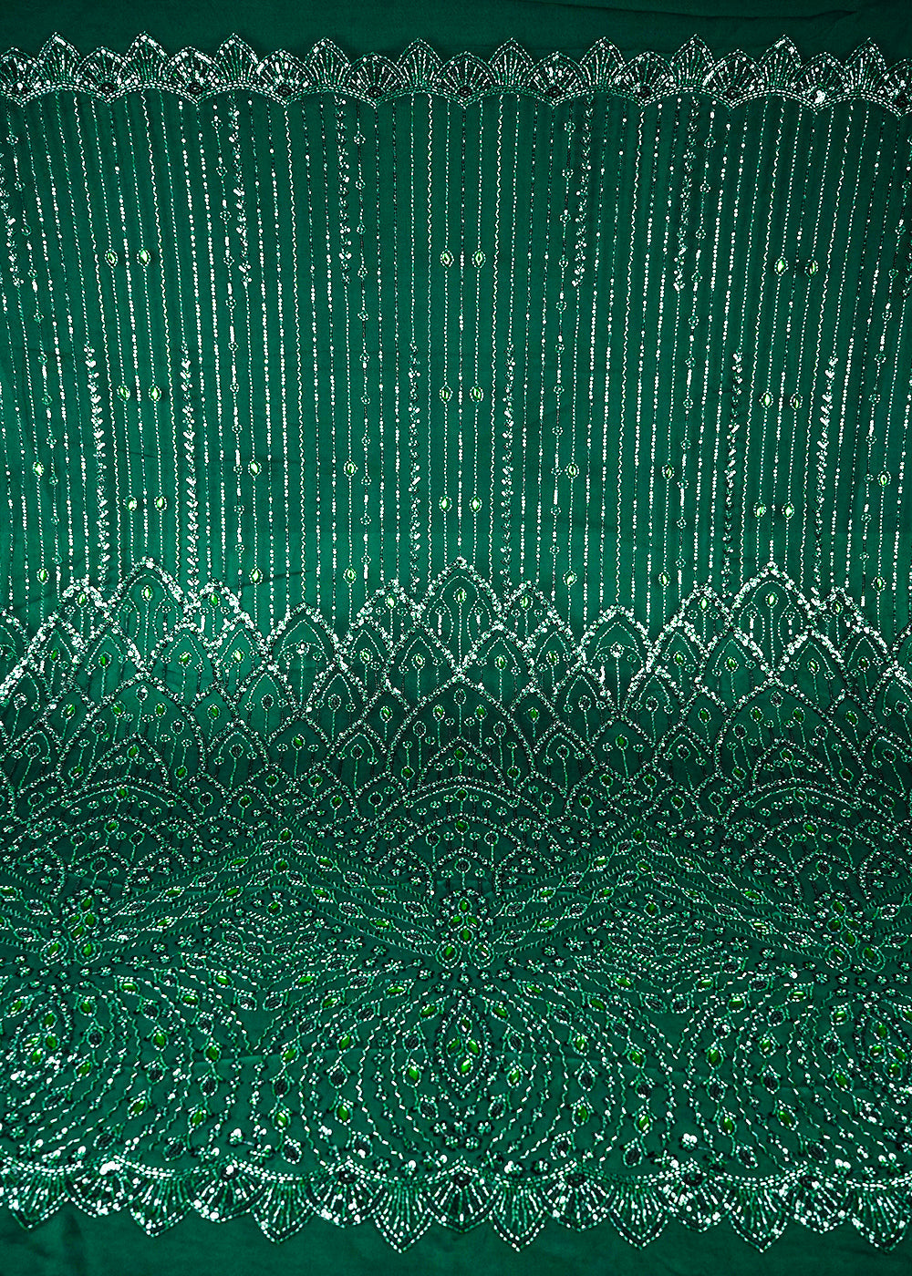 Bottle Green Imported Net Fabric With All Over Sequins, Katdana And Stone Work With One Side Heavy Border 25599