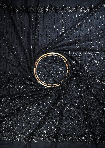 Black Imported Net Fabric With All Over Sequins, Katdana And Stone Work With One Side Heavy Border 25600
