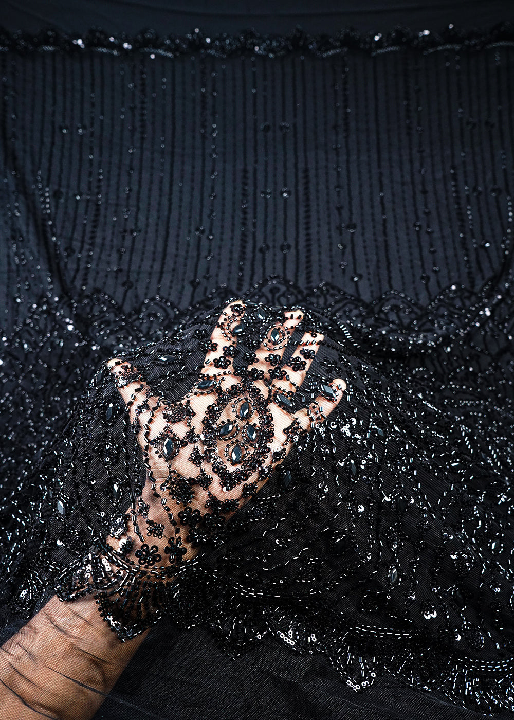 Black Imported Net Fabric With All Over Sequins, Katdana And Stone Work With One Side Heavy Border 25600