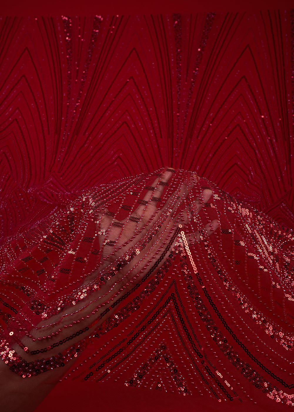 Red Imported Net Fabric With All Over Sequins, Katdana And Bead Work With One Side Heavy Border 25603