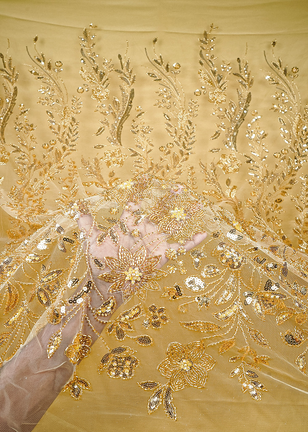 Gold Imported Net Fabric With All Over Sequins, Katdana And Bead Work With One Side Border 25606