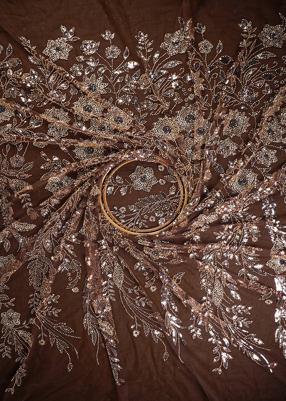 Brown Imported Net Fabric With All Over Sequins, Katdana And Bead Work With One Side Border 25607