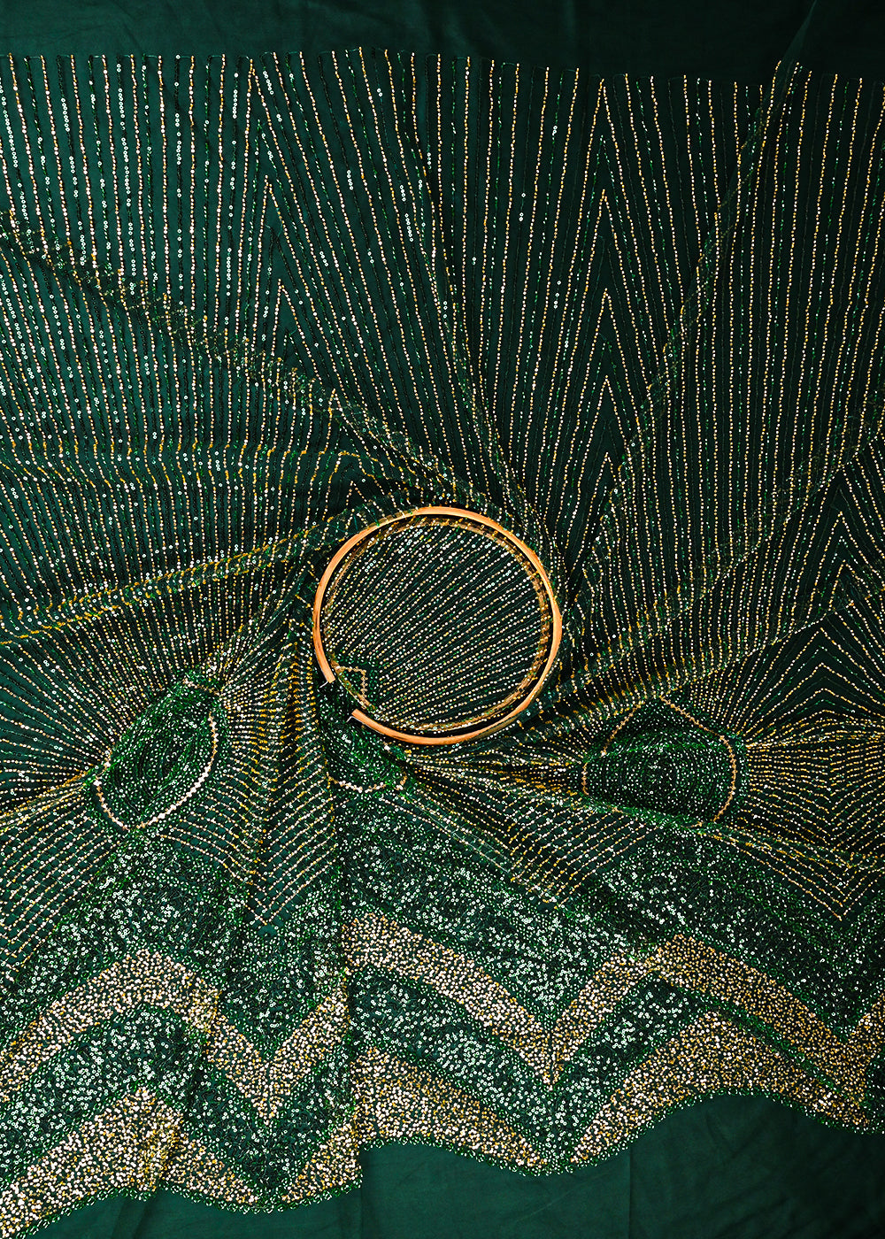 Bottle Green Imported Net Fabric With All Over Sequins And Katdana Work With Border 25609
